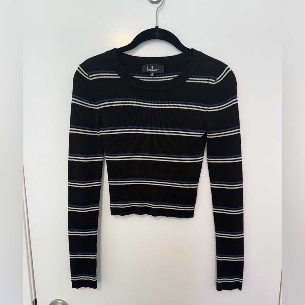 Lulu's Black and White Striped Long Sleeve Crop Top